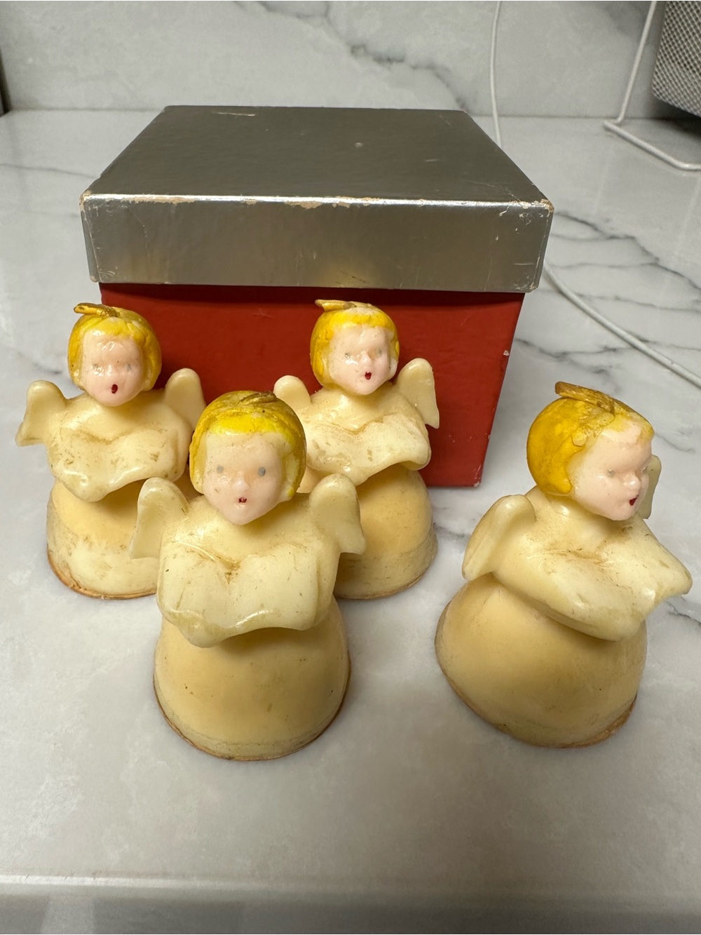 4 Vintage 1950's Tavern Novelty Angel Choir Candles Original Box Socony Oil Comp